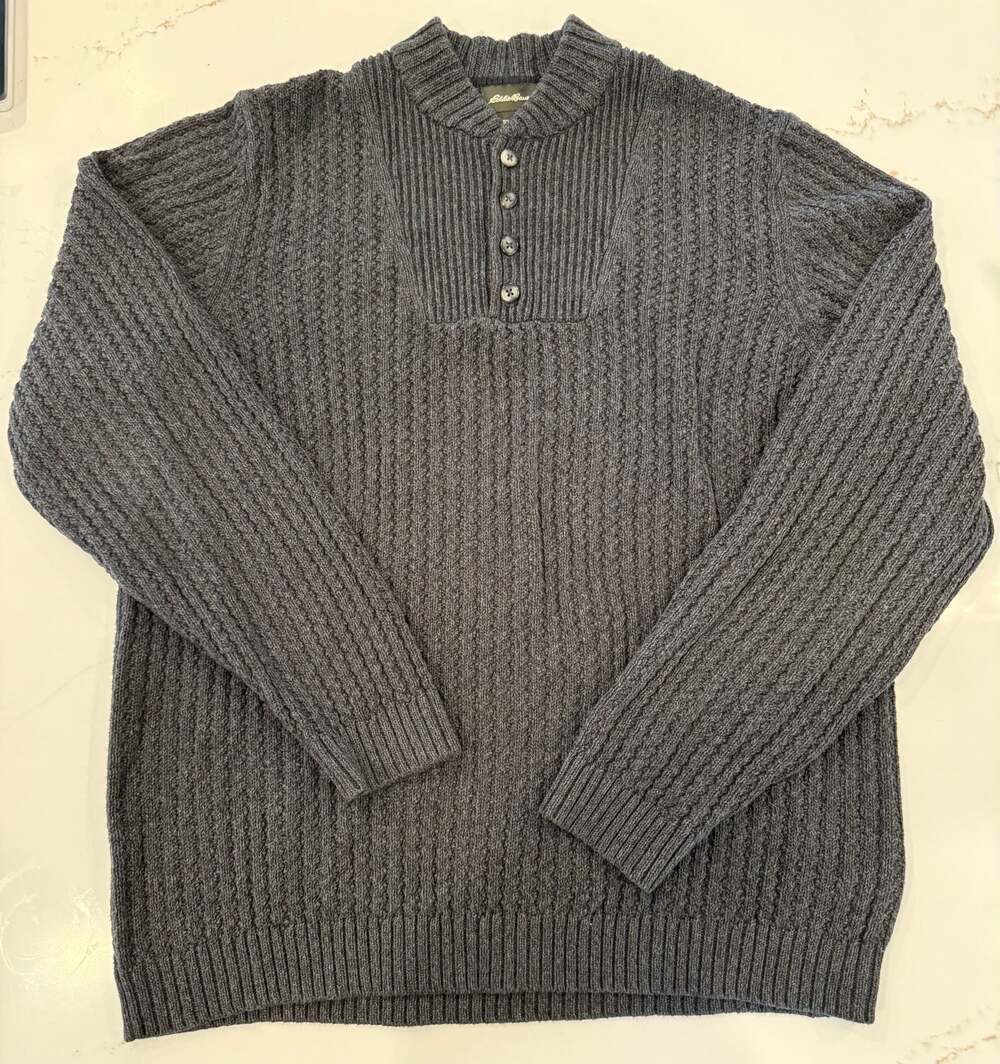 Eddie Bauer Men's 100% Cotton Ribbed Henley Sweater Charcoal Gray Large Tall